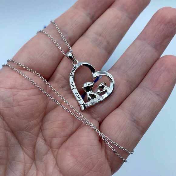 I Love You Mom African Mongoose Sterling Silver Cz Heart Necklace - Picture 3 of 4
